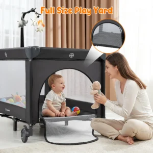 Vomeast Baby Playard,Foldable Baby Bassinet Pack and Play with Mattress and Toy Bar,Portable Crib Play Yard,0-5 Months,Black
