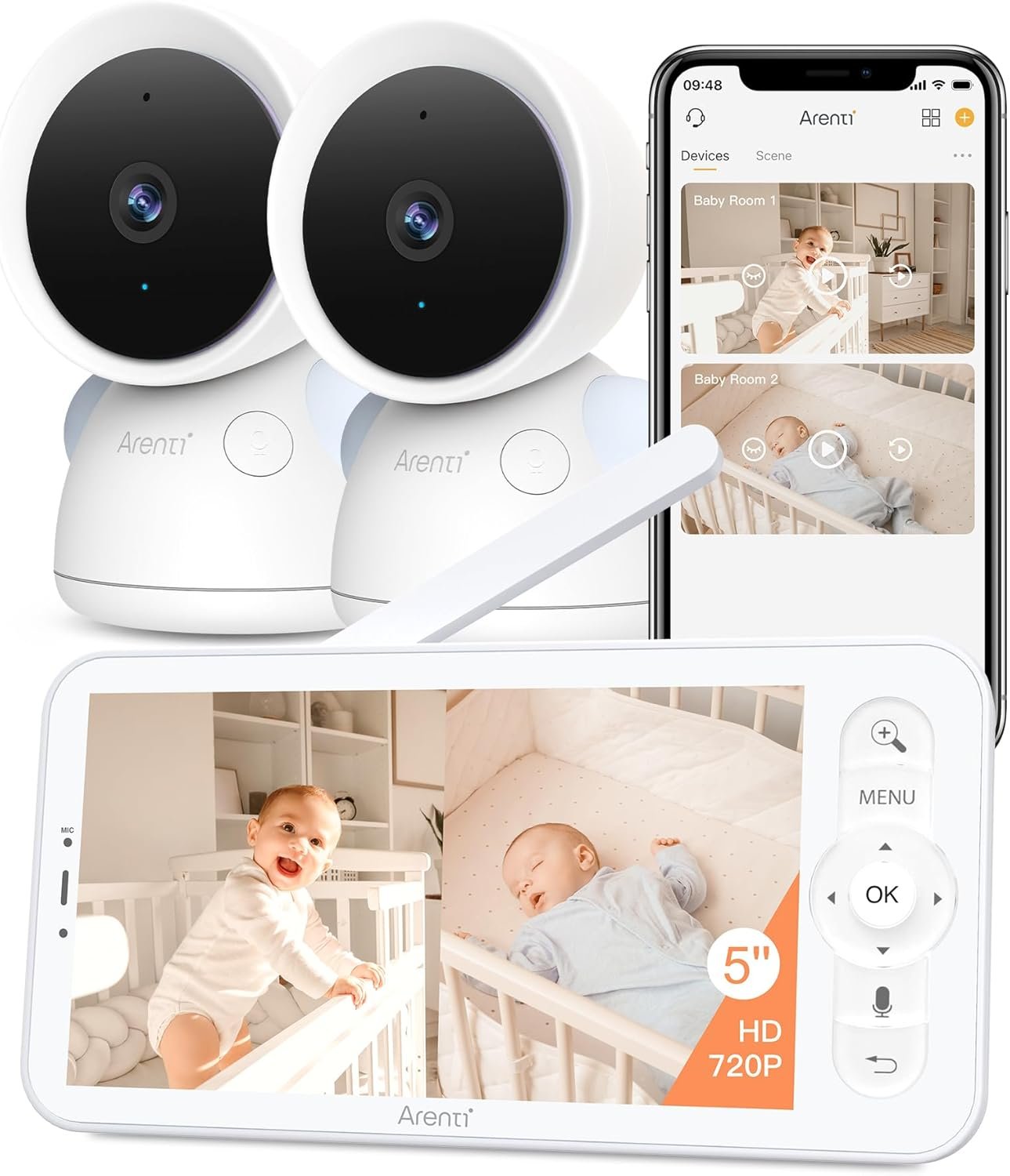 ARENTI Baby Monitor with 2 Cameras, 2K/3MP WiFi 6 Camera and Audio